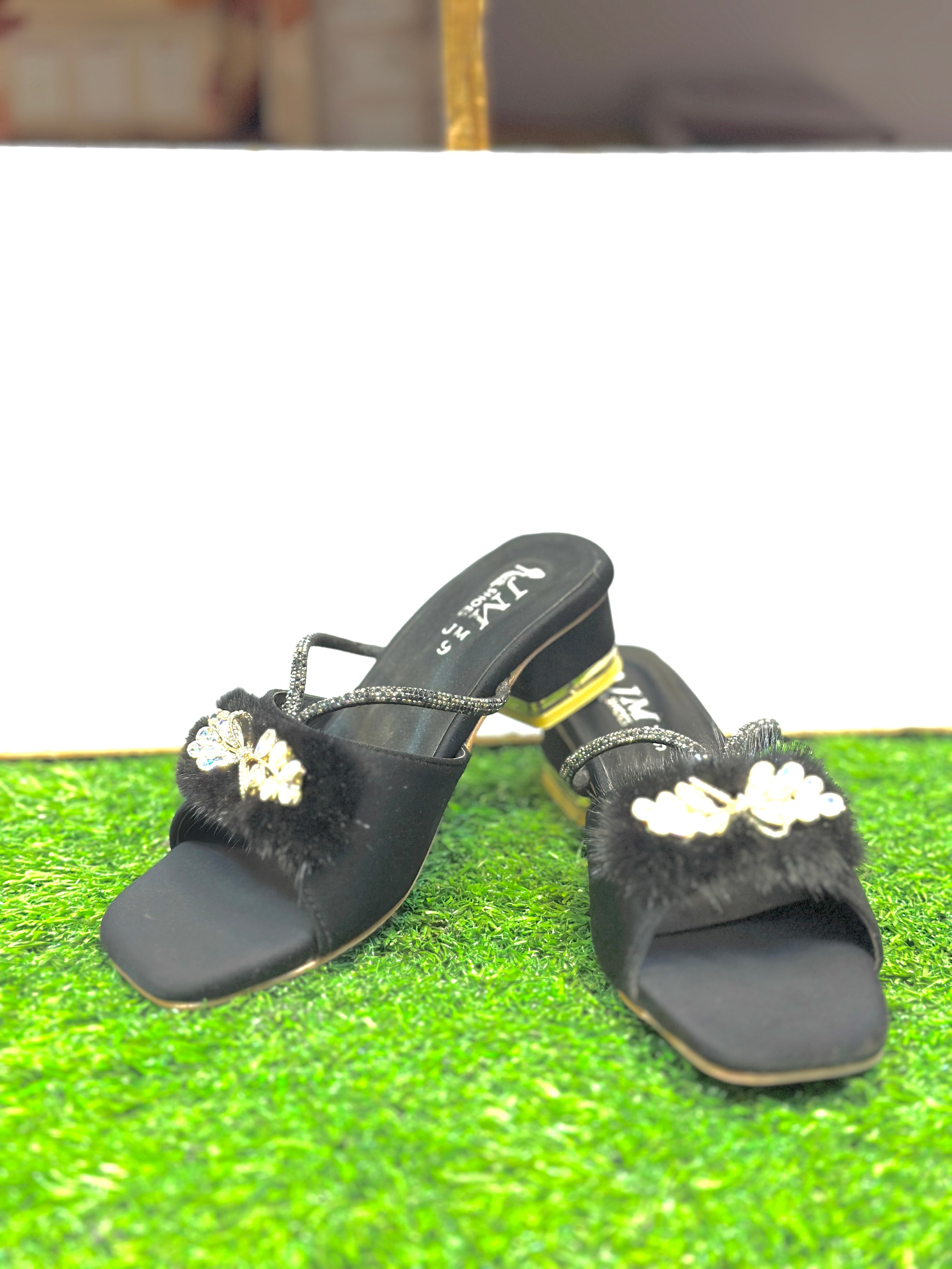 Black Fur & Bling Heels